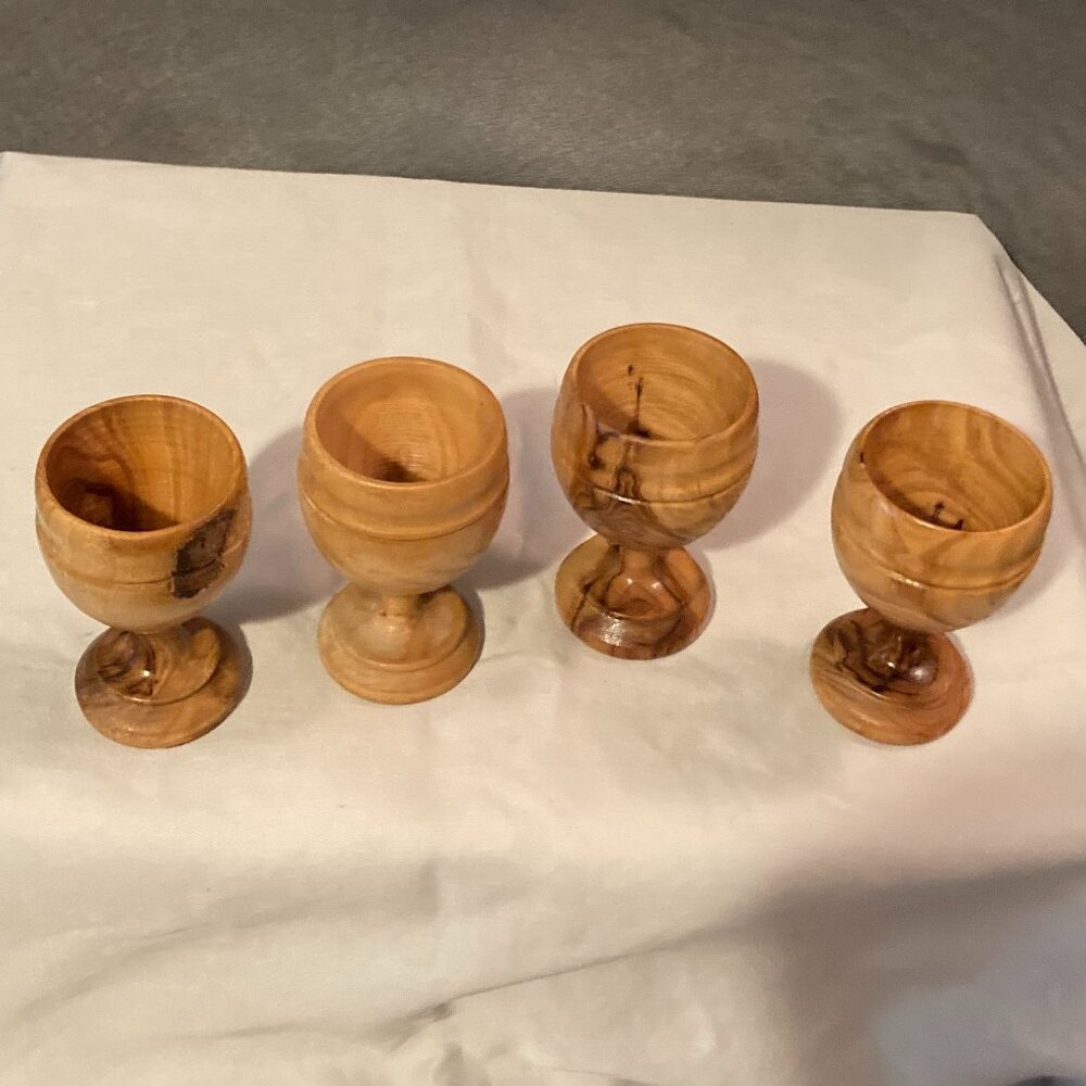 Vintage Olive Wood-Set of 4 Egg Cups/Chalices Hand Turned-3" High & 2" Dia.-EUC